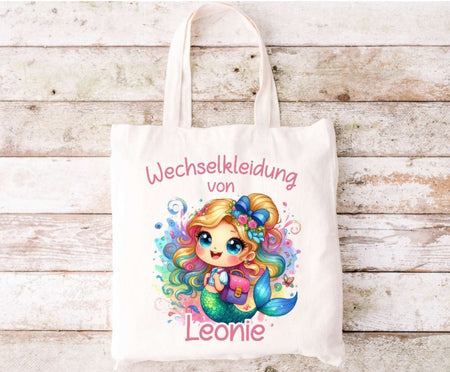 Wechselkleidung Kita Meerjungfrau Tasche personalisiert mit Name Mädchen Kindergarten Wechselwäsche Wechselsachen Beutel - CreativMade 