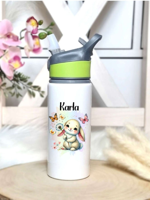 Personalisierte Trinkflasche mit Namen und Strohhalm Hase Wasserflasche aufklappbares Mundstück - CreativMade