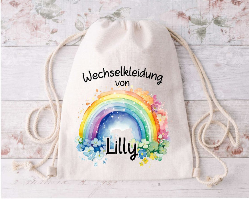 Wechselkleidung Kita Regenbogen Tasche personalisiert mit Name Mädchen Kindergarten Wechselwäsche Wechselsachen Beutel - CreativMade 