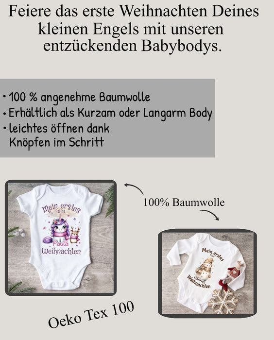 Mein erstes Weihnachten Baby Outfit Body Schneemann Mädchen Babybody Langarm oder Kurzarm - CreativMade 