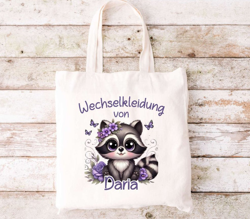 Wechselkleidung Kita Waschbär Tasche personalisiert mit Name Mädchen Kindergarten Wechselwäsche Wechselsachen Beutel - CreativMade 