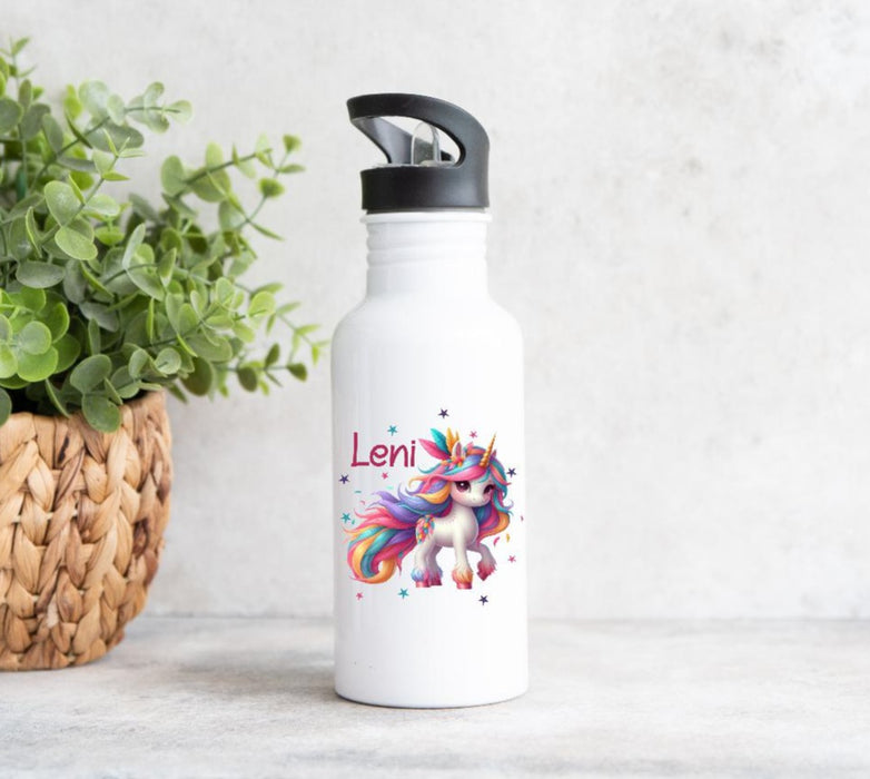 Personalisierte Trinkflasche Einhorn Kinder Edelstahl mit Name mit Strohhalm Mädchen Geschenk Einschulung Geburtstag - CreativMade 