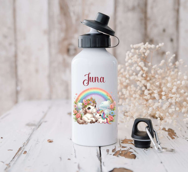 Trinkflasche Kinder Reh Regenbogen mit Name Mädchen Sportflasche Schule Karabiner Aluminium - CreativMade 