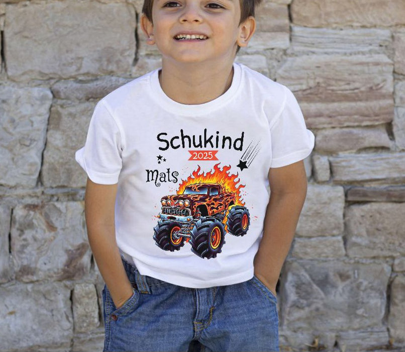 Schulkind T-Shirt mit Name personalisiert Junge Monstertruck Einschulungsshirt Einschulung erste Klasse Geschenk - CreativMade