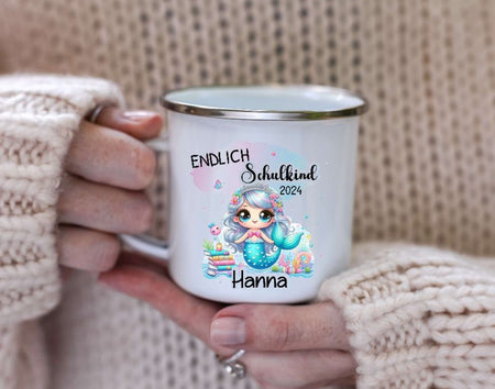 Schulkind Tasse Meerjungfrau mit Name personalisiert Mädchen Einschulung endlich Schulkind Schulanfang Keramik oder Emaille - CreativMade 