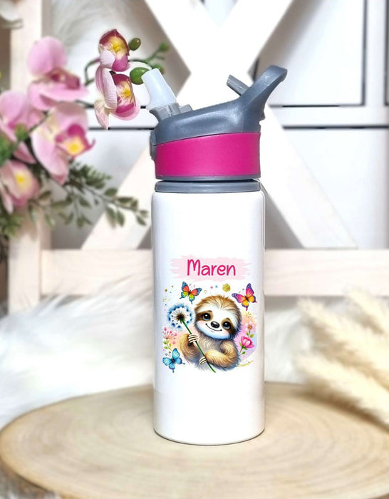 Personalisierte Trinkflasche mit Namen und Strohhalm Faultier Wasserflasche aufklappbares Mundstück - CreativMade