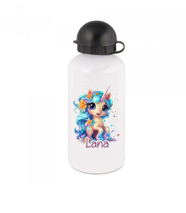 Trinkflasche Kinder Einhorn mit Name Mädchen Sportflasche Schule Karabiner Aluminium - CreativMade 