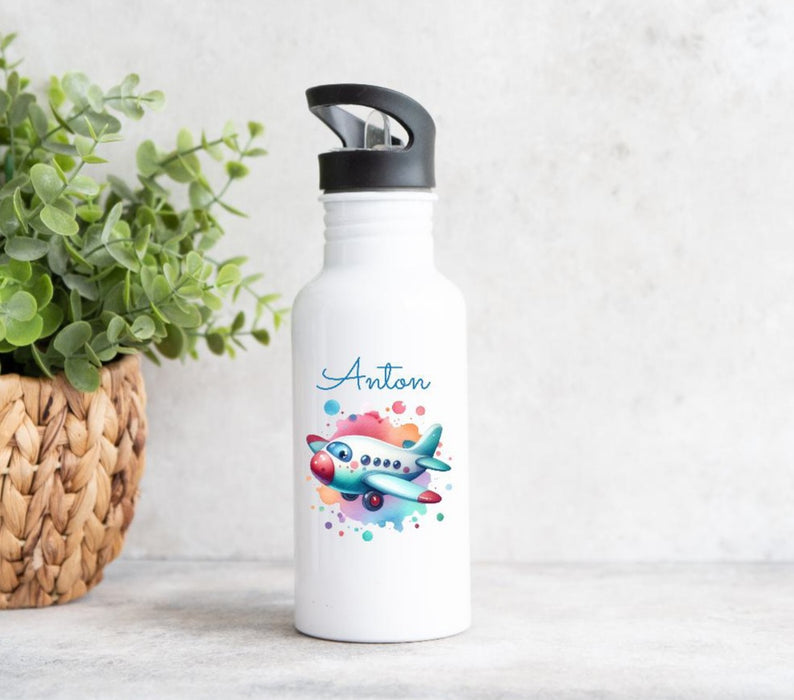 Personalisierte Trinkflasche Flugzeug Kinder Edelstahl mit Name mit Strohhalm Junge Geschenk Einschulung Geburtstag - CreativMade 