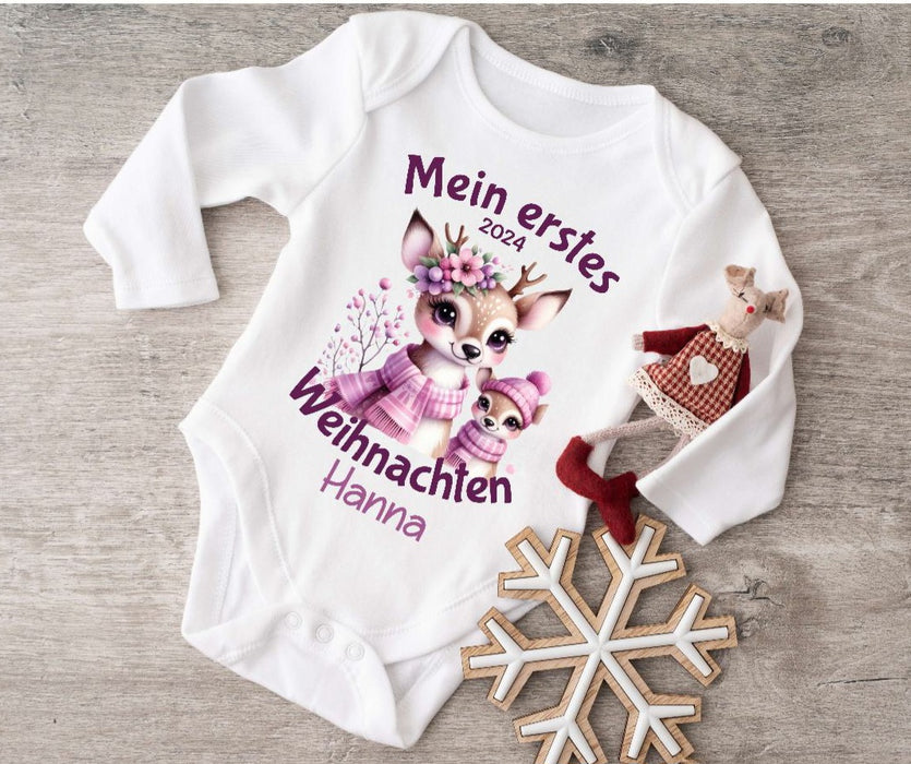 Mein erstes Weihnachten Baby Outfit Body Reh Mädchen Babybody Langarm oder Kurzarm - CreativMade 