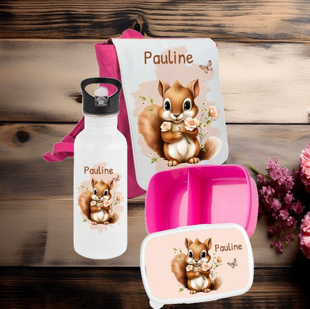 Brotdose Trinkflasche und Rucksack personalisiert Eichhörnchen Kinder Set Edelstahl Flasche Kita Set Kindergarten Kinderrucksack Mädchen - CreativMade