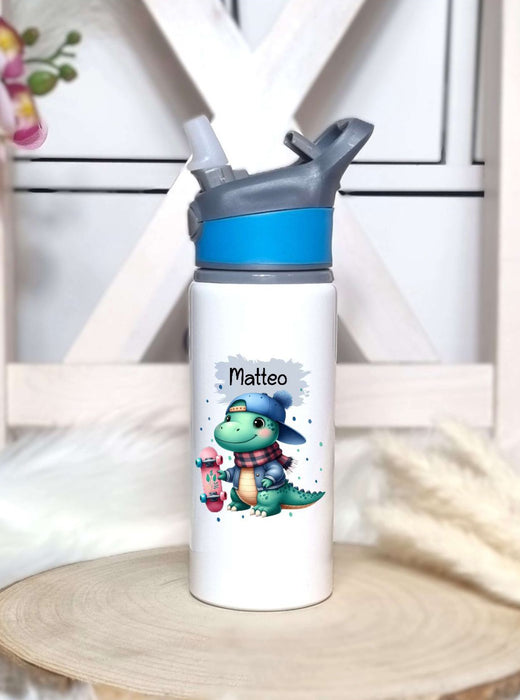 Personalisierte Trinkflasche mit Namen und Strohhalm Jungen Dinosaurierer Wasserflasche aufklappbares Mundstück - CreativMade