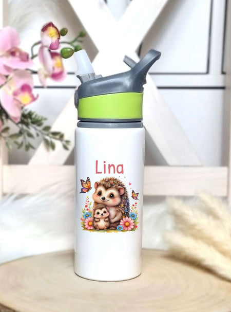 Personalisierte Trinkflasche mit Namen und Strohhalm Igel Wasserflasche aufklappbares Mundstück - CreativMade