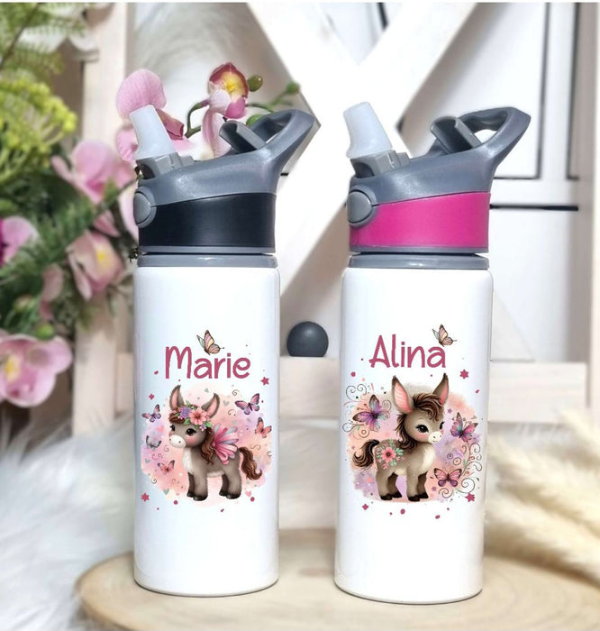 Personalisierte Trinkflasche mit Namen und Strohhalm Esel Wasserflasche aufklappbares Mundstück - CreativMade