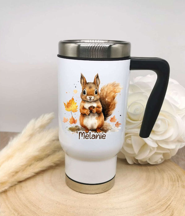 Thermobecher personalisiert Eichhörnchen Cup Becher mit Namen Edelstahl mit Griff Geschenk Kaffeebecher Auto Reisebecher isoliert