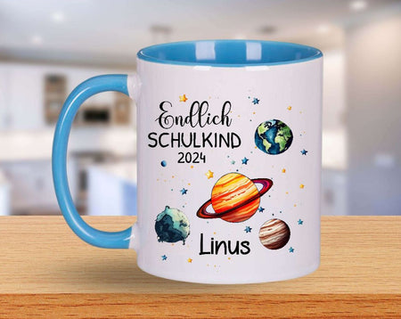 Schulkind Tasse Planeten mit Name personalisiert Junge Einschulung endlich Schulkind Schulanfang Keramik oder Emaille - CreativMade 