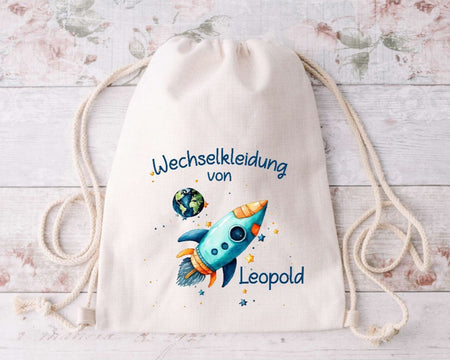 Wechselkleidung Kita Rakete Tasche personalisiert mit Name Junge Kindergarten Wechselwäsche Wechselsachen Beutel - CreativMade 