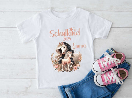 T-Shirt Schulkind Pferd mit Name personalisiert Mädchen Einschulungsshirt Einschulung erste Klasse Geschenk - CreativMade 