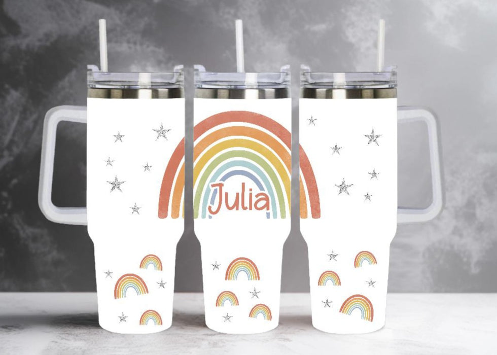 Thermobecher to go personalisiert Edelstahl Regenbogen mit Strohhalm Kaffebecher Trinkbecher 1100ml Skinny Cup Becher Geschenk - CreativMade