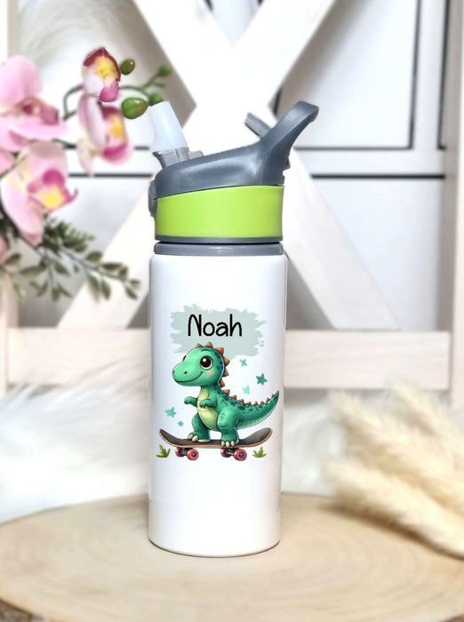 Personalisierte Trinkflasche mit Namen und Strohhalm Jungen Dinosaurierer Wasserflasche aufklappbares Mundstück - CreativMade
