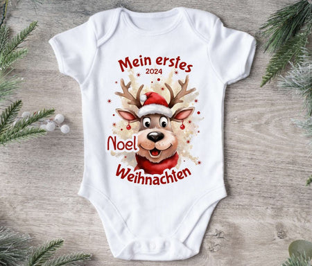 Mein erstes Weihnachten Baby Outfit Body Rentier Elch Junge Babybody Langarm oder Kurzarm - CreativMade 