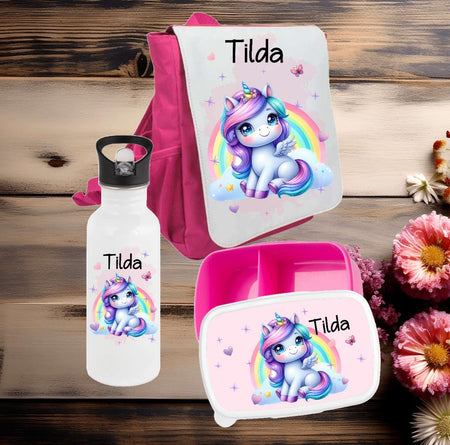 Brotdose Trinkflasche und Rucksack personalisiert Einhorn Kinder Set Edelstahl Flasche Kita Set Kindergarten Kinderrucksack Mädchen - CreativMade