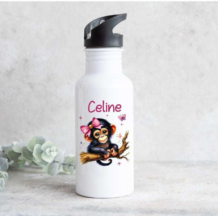 Set Brotdose und Trinkflasche personalisiert mit Namen Affe Edelstahl 500ml Lunchbox Mädchen - CreativMade