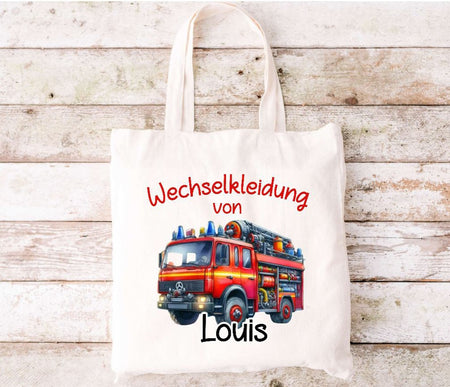 Wechselkleidung Kita Feuerwehrauto Tasche personalisiert mit Name Junge Kindergarten Wechselwäsche Wechselsachen Beutel - CreativMade 