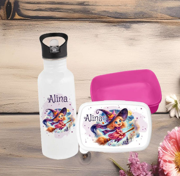 Set Brotdose und Trinkflasche personalisiert mit Namen Hexe Edelstahl 500ml Lunchbox Mädchen - CreativMade