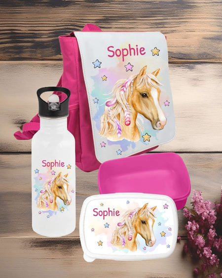 Brotdose Trinkflasche und Rucksack personalisiert Pferd Kinder Set Edelstahl Flasche Kita Set Kindergarten Kinderrucksack Mädchen - CreativMade