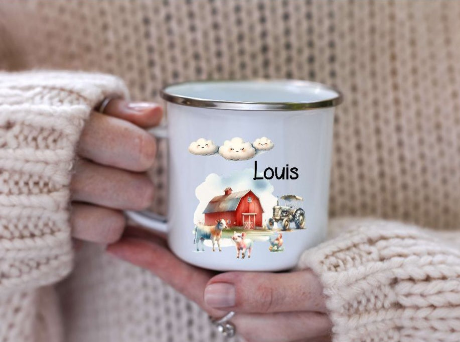 Personalisierte Tasse Kindertasse mit Name Junge Bauernhof Emaille Keramik Namenstasse - CreativMade