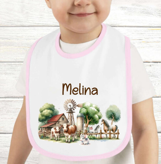 Personalisiertes Baby Lätzchen Bauernhof aus Frottee mit Klettverschluss Sabberlatz mit Namen Mädchen - CreativMade