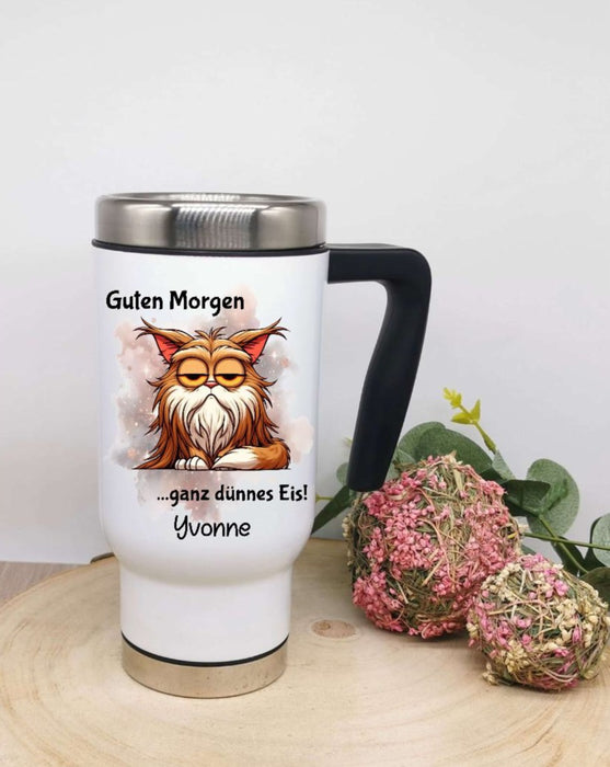 Thermobecher personalisiert Guten Morgen Lustig Witzig Cup Becher mit Namen Edelstahl mit Griff Geschenk Kaffeebecher Auto Reisebecher isoliert