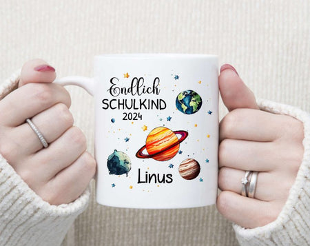 Schulkind Tasse Planeten mit Name personalisiert Junge Einschulung endlich Schulkind Schulanfang Keramik oder Emaille - CreativMade 