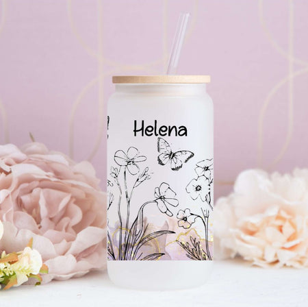 Eiskaffeeglas personalisiert Blumen Trinkglas mit Deckel Strohhalm Tasse Glas Geschenk - CreativMade 