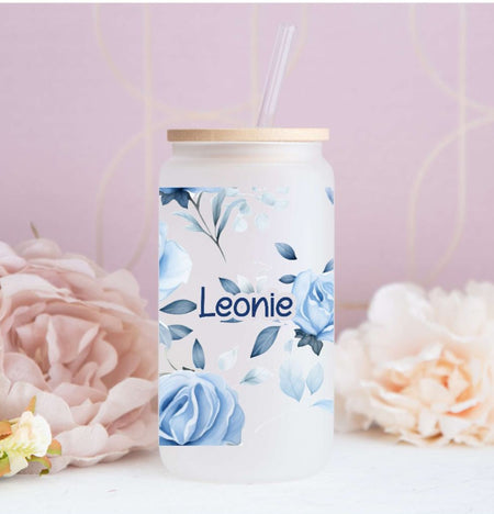 Eiskaffeeglas personalisiert Blumen Trinkglas mit Deckel Strohhalm Tasse Glas Geschenk - CreativMade 