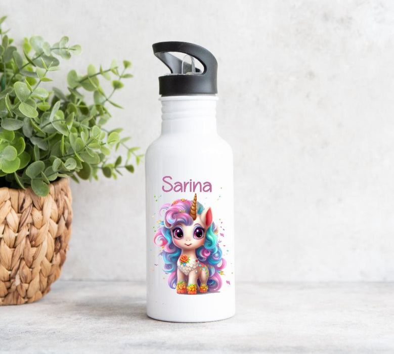 Personalisierte Trinkflasche Einhorn Kinder Edelstahl mit Name mit Strohhalm Mädchen Geschenk Einschulung Geburtstag - CreativMade 