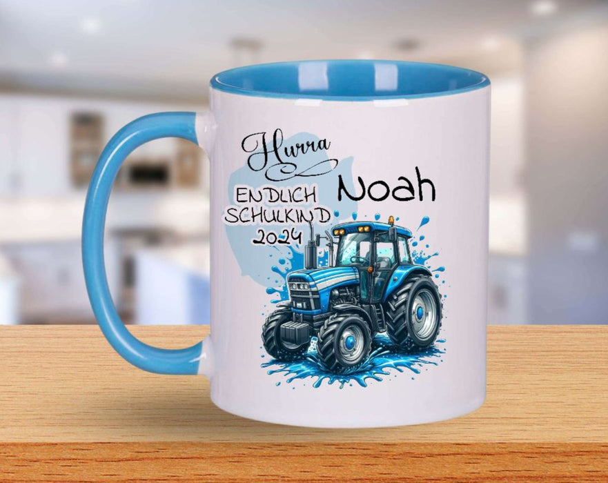 Schulkind Tasse Traktor mit Name personalisiert Junge Einschulung endlich Schulkind Schulanfang Keramik oder Emaille - CreativMade 