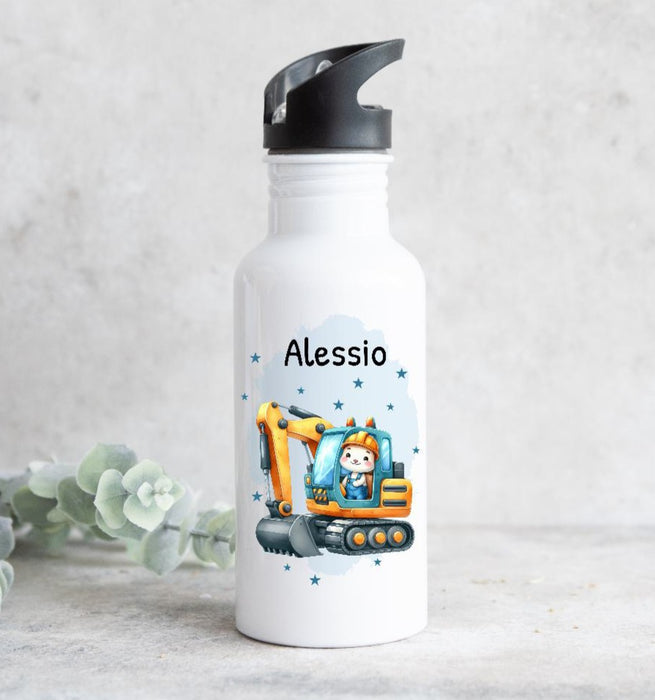 Set Brotdose und Trinkflasche personalisiert mit Namen Bagger Edelstahl 500ml Lunchbox Jungen - CreativMade
