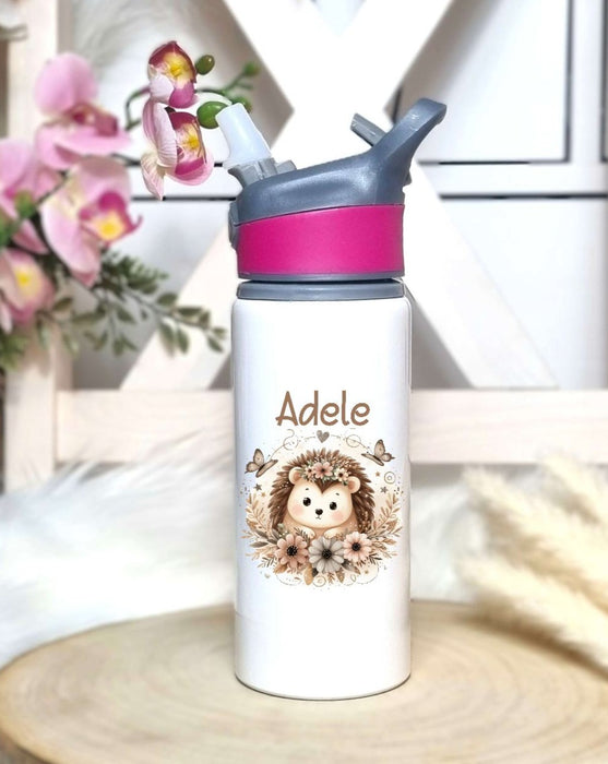 Personalisierte Trinkflasche mit Namen und Strohhalm Igel Wasserflasche aufklappbares Mundstück - CreativMade