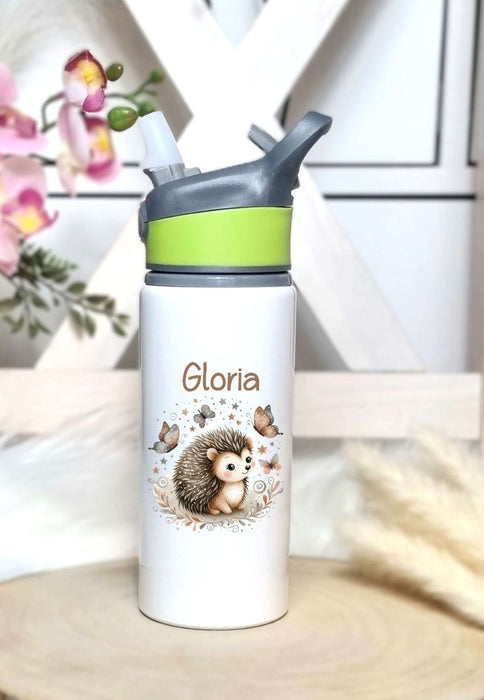 Personalisierte Trinkflasche mit Namen und Strohhalm Igel Wasserflasche aufklappbares Mundstück - CreativMade