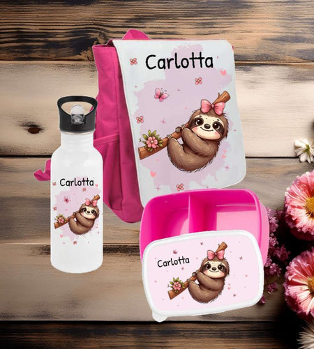 Brotdose Trinkflasche und Rucksack personalisiert Faultier Kinder Set Edelstahl Flasche Kita Set Kindergarten Kinderrucksack Mädchen - CreativMade
