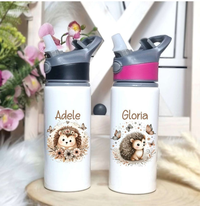 Personalisierte Trinkflasche mit Namen und Strohhalm Igel Wasserflasche aufklappbares Mundstück - CreativMade