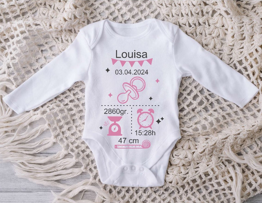 Babybody personalisiert Geburtsdaten mit Name Mädchen Body Kurzarm Langarm Baumwolle - CreativMade 