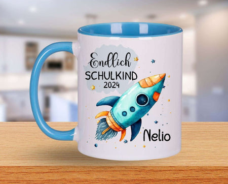 Schulkind Tasse Rakete mit Name personalisiert Junge Einschulung endlich Schulkind Schulanfang Keramik oder Emaille - CreativMade 