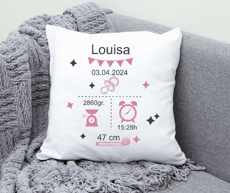 Personalisiertes Kissen mit Geburtsdaten Mädchen Datum Gewicht Geschenk Geburt Taufe Kinderkissen Kissenhülle Kissenbezug mit Reißverschluss 40x40cm - CreativMade