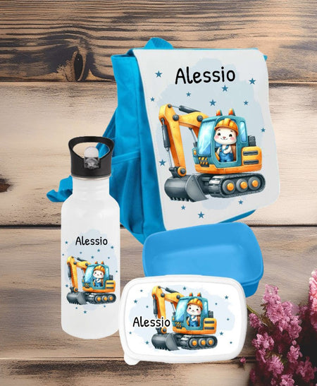 Brotdose Trinkflasche und Rucksack personalisiert Bagger Kinder Set Edelstahl Flasche Kita Set Kindergarten Kinderrucksack Jungen - CreativMade