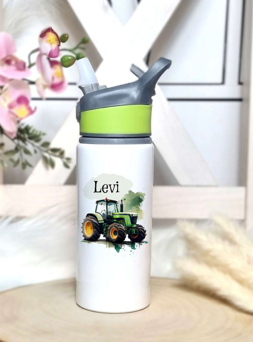 Personalisierte Trinkflasche mit Namen und Strohhalm Traktor Wasserflasche aufklappbares Mundstück - CreativMade