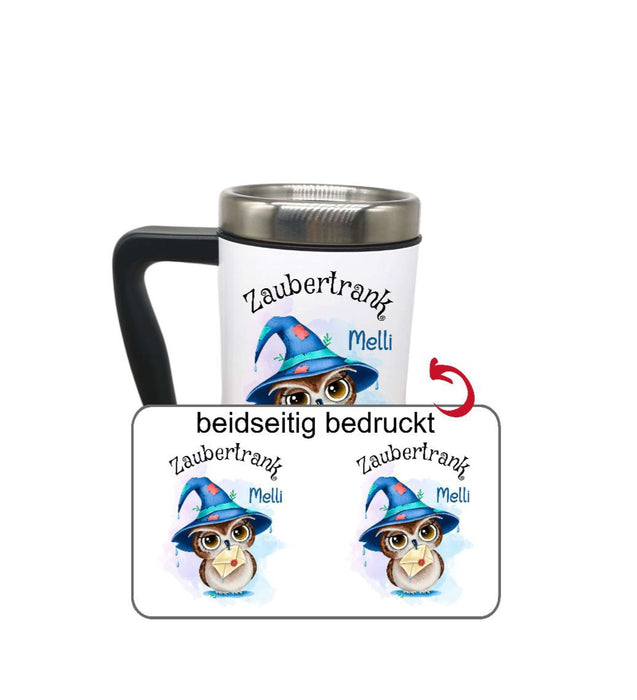 Thermobecher personalisiert Eule Zaubertrank Cup Becher mit Namen Edelstahl mit Griff Geschenk Kaffeebecher Auto Reisebecher isoliert - CreativMade 