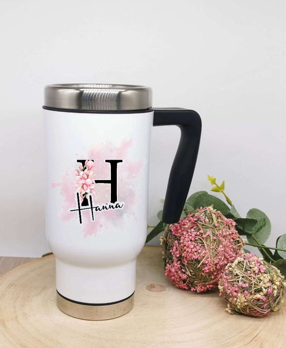 Thermobecher personalisiert Cup Becher mit Namen Edelstahl mit Griff Geschenk Kaffeebecher Auto Reisebecher isoliert