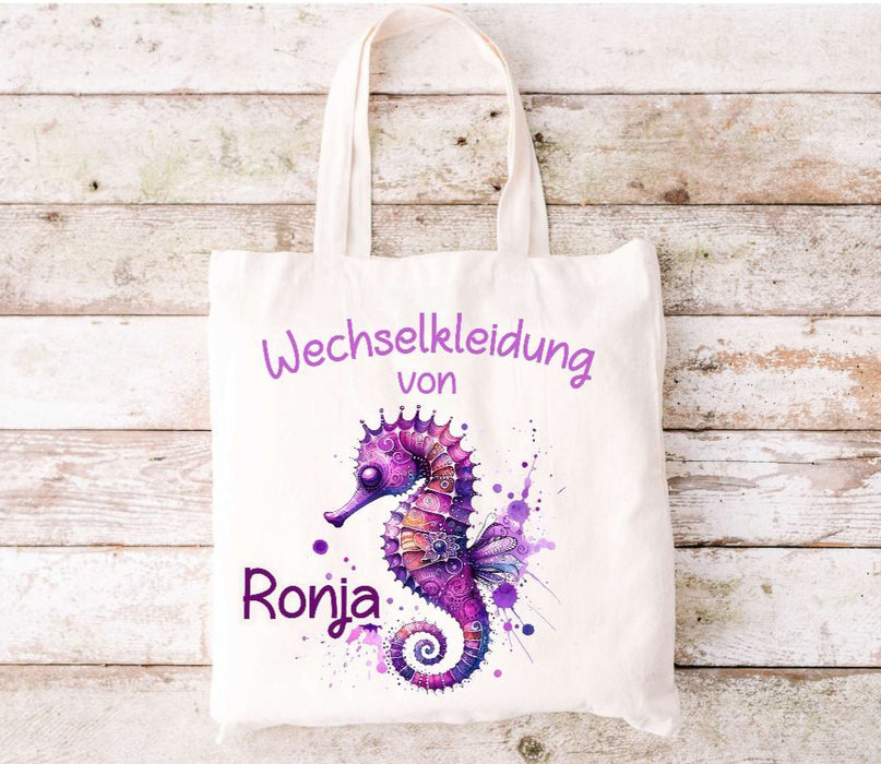Wechselkleidung Kita Seepferdchen Tasche personalisiert mit Name Mädchen Kindergarten Wechselwäsche Wechselsachen Beutel - CreativMade 